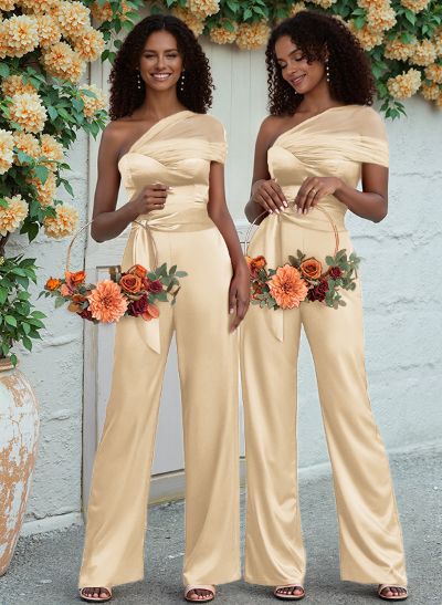 Jumpsuit/Pantsuit One-Shoulder Floor-Length Silk Like Satin Bridesmaid Dresses