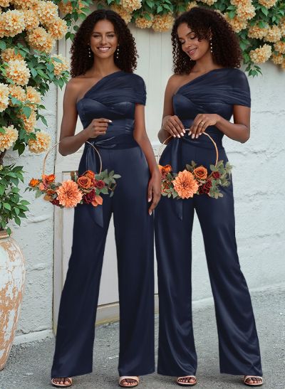 Jumpsuit/Pantsuit One-Shoulder Floor-Length Silk Like Satin Bridesmaid Dresses