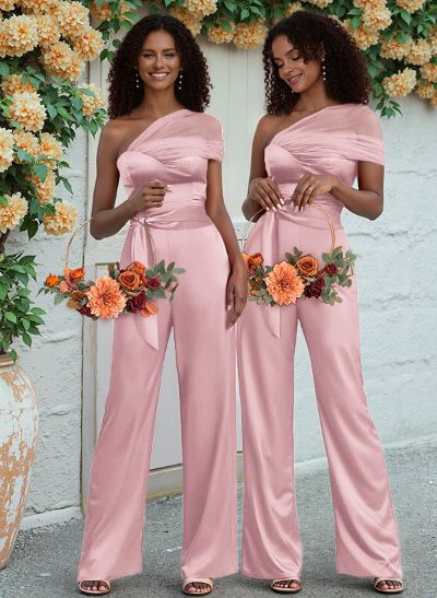 Jumpsuit/Pantsuit One-Shoulder Floor-Length Silk Like Satin Bridesmaid Dresses