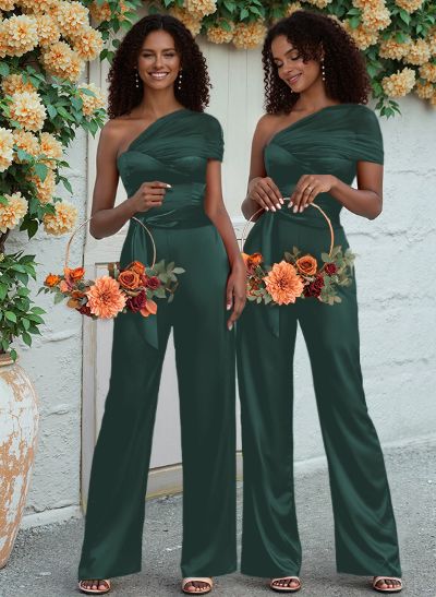 Jumpsuit/Pantsuit One-Shoulder Floor-Length Silk Like Satin Bridesmaid Dresses