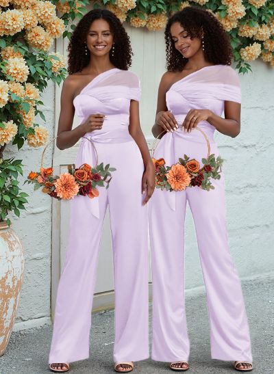 Jumpsuit/Pantsuit One-Shoulder Floor-Length Silk Like Satin Bridesmaid Dresses