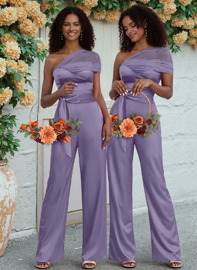 Jumpsuit/Pantsuit One-Shoulder Floor-Length Silk Like Satin Bridesmaid Dresses