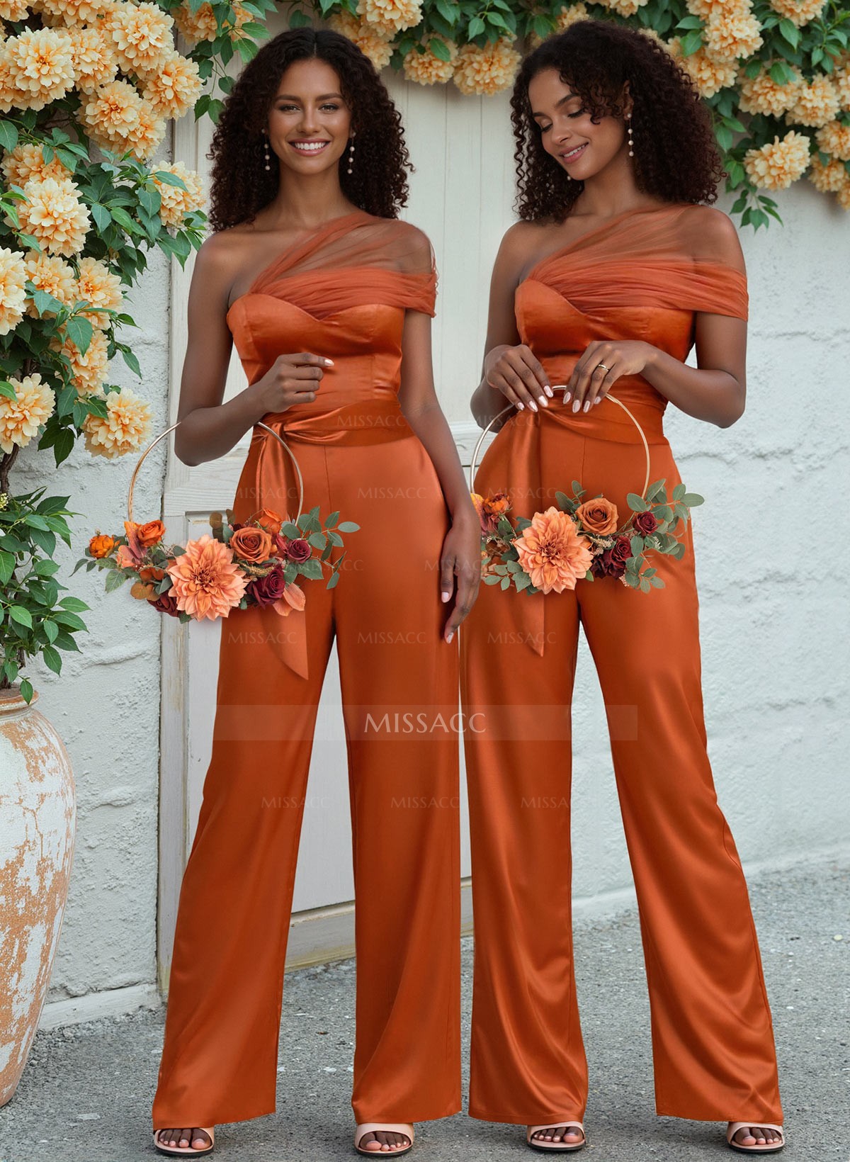 Jumpsuit/Pantsuit One-Shoulder Floor-Length Silk Like Satin Bridesmaid Dresses