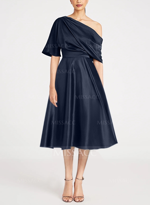 A-Line One-Shoulder Sleeveless Tea-Length Satin Cocktail Dresses