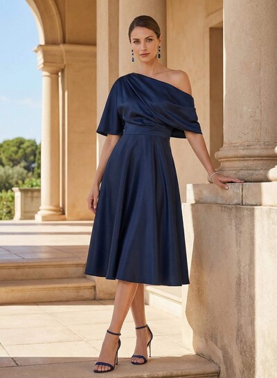 A-Line One-Shoulder Sleeveless Tea-Length Matte Satin Cocktail Dresses