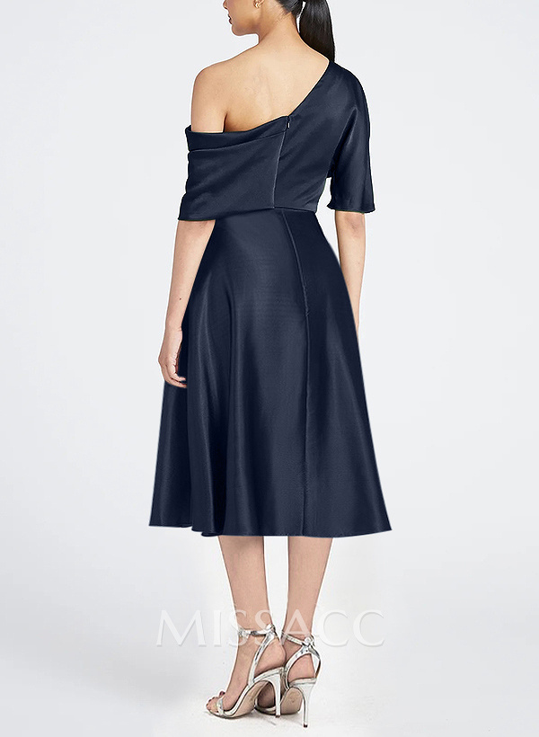 A-Line One-Shoulder Sleeveless Tea-Length Matte Satin Cocktail Dresses