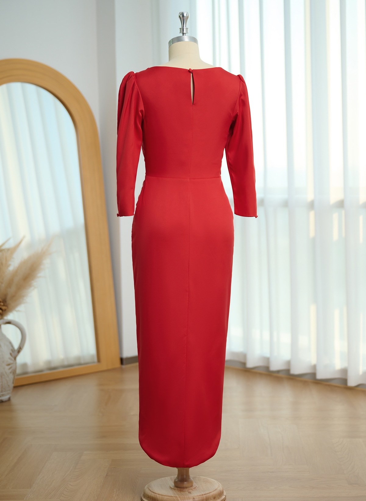 Sheath V-Neck 1/2 Sleeves Asymmetrical Elastic Satin Cocktail Dresses