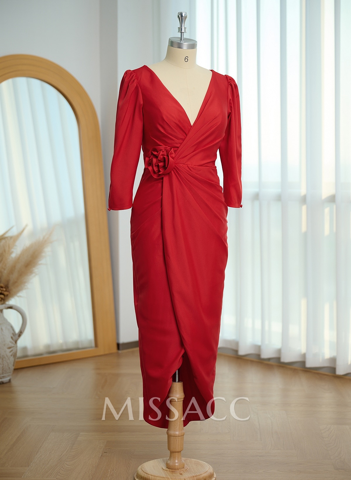 Sheath V-Neck 1/2 Sleeves Asymmetrical Elastic Satin Cocktail Dresses