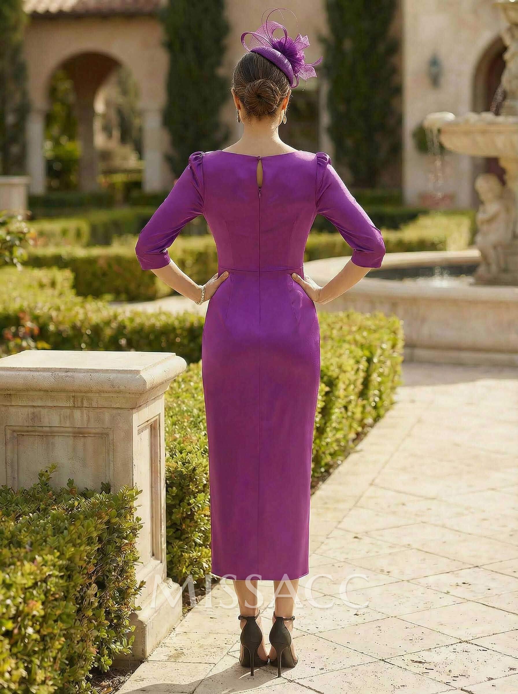 Sheath V-Neck 1/2 Sleeves Asymmetrical Elastic Satin Cocktail Dresses