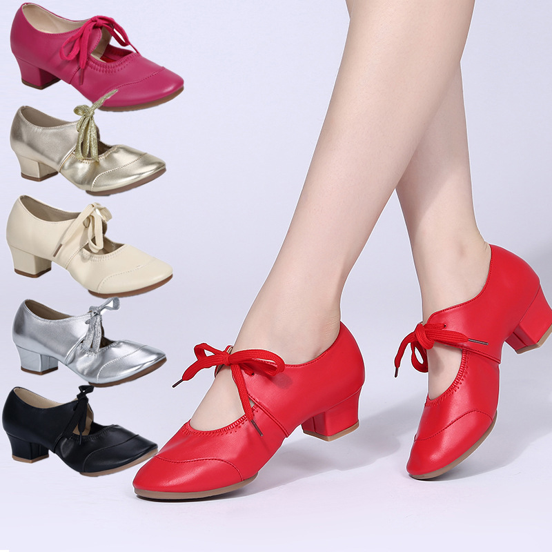 Closed Toe Lace-Up PU Leather Dance Shoes With Chunky Heel