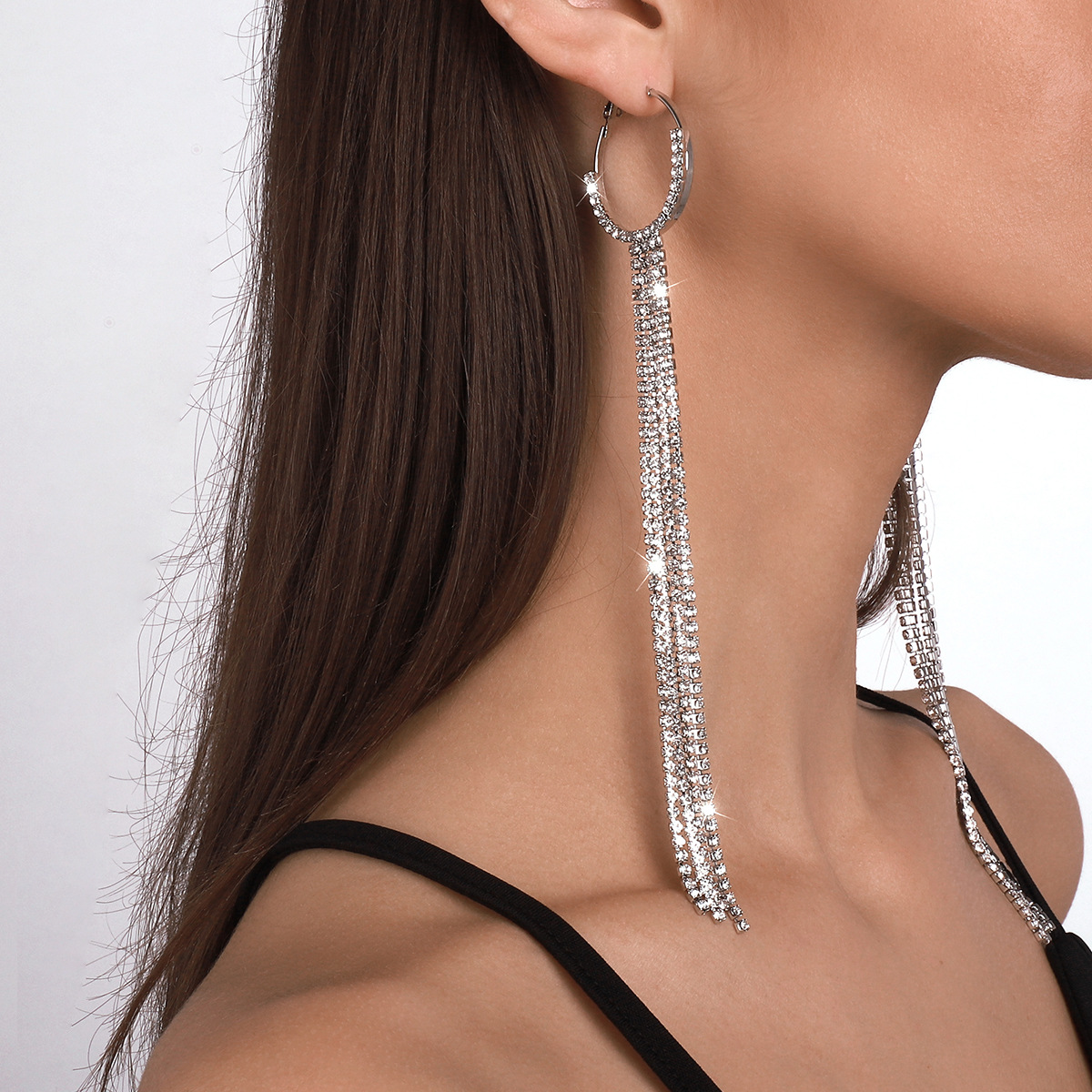 Rhinestone Long Tassels Hoop Earrings