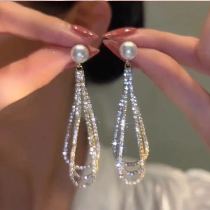 Exaggerated Earrings Long Full Rhinestones Water Drop Earrings