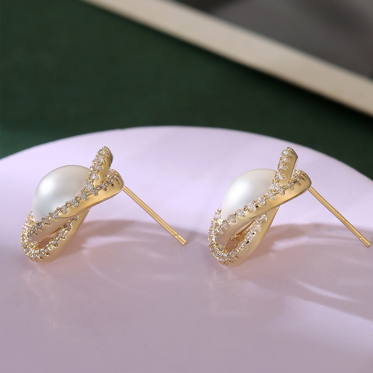 Spiral Pearl Rhinestone Stud Earrings