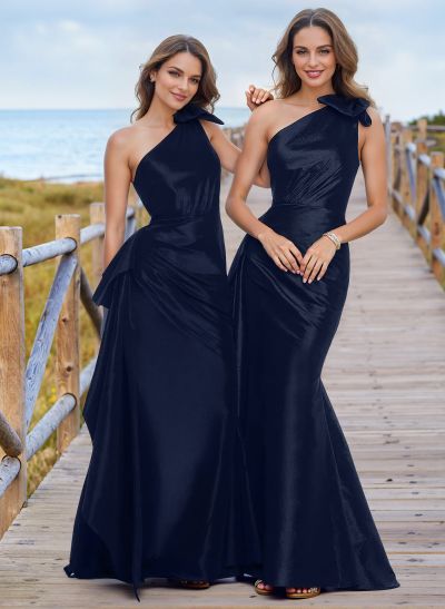 Trumpet/Mermaid One-Shoulder Floor-Length Silk Like Satin Evening Dresses With Bow(s)