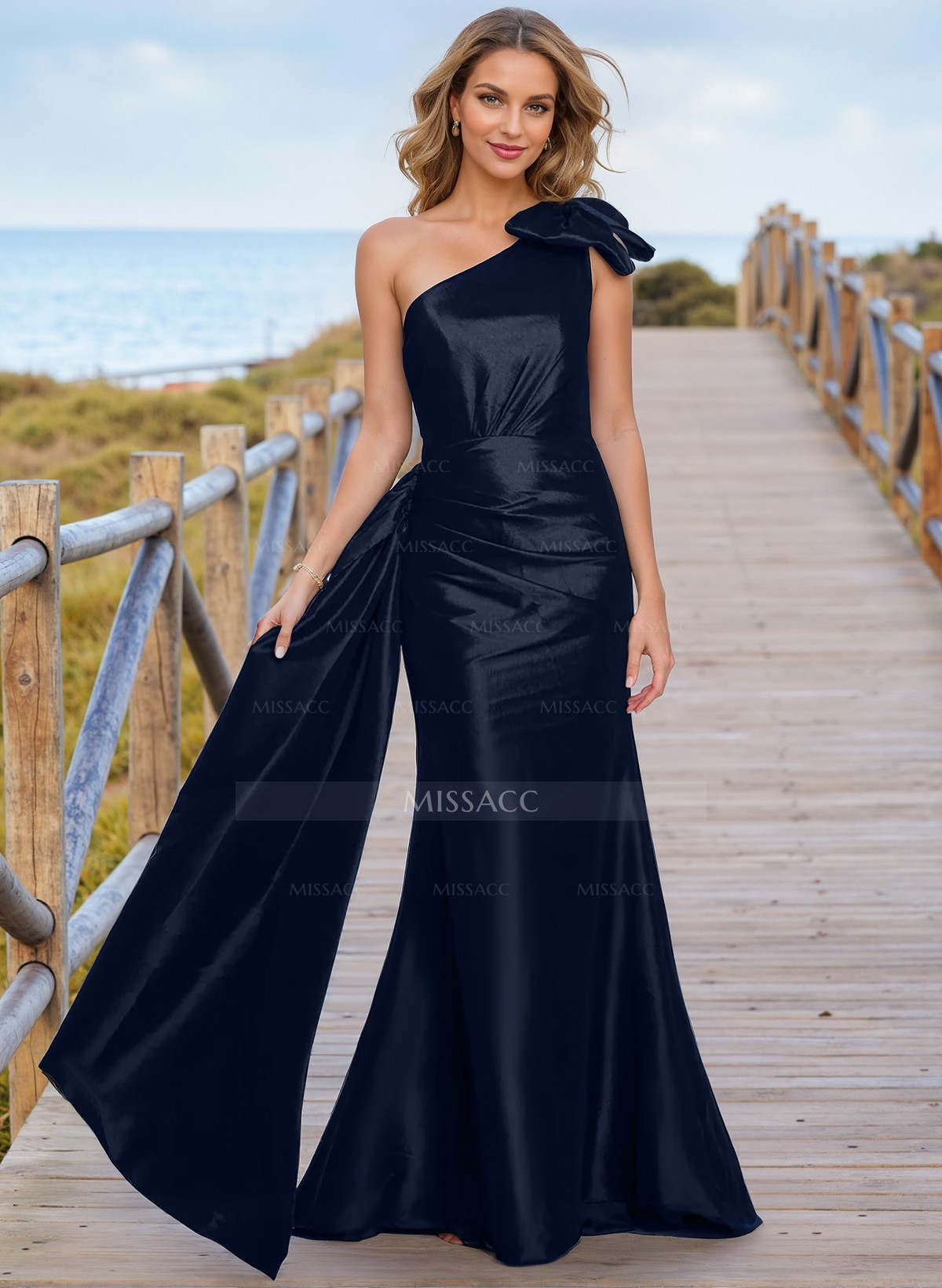 Trumpet/Mermaid One-Shoulder Floor-Length Silk Like Satin Evening Dresses With Bow(s)