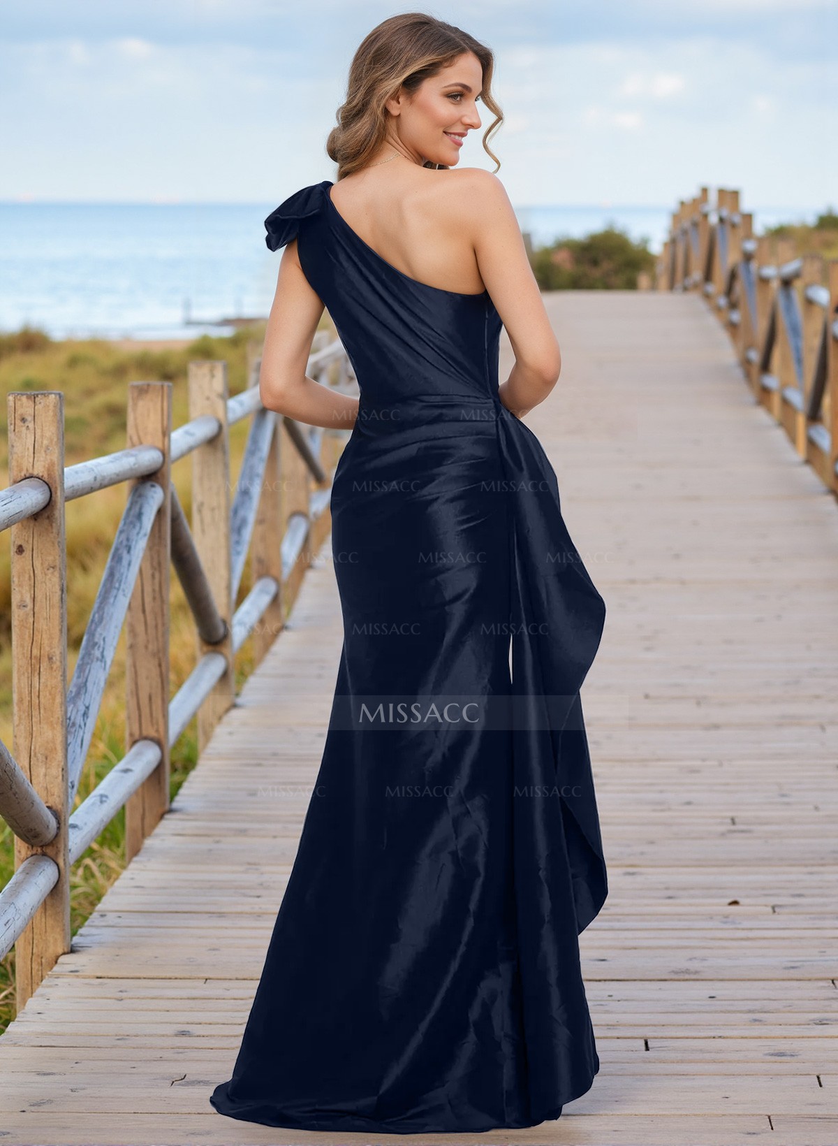 Trumpet/Mermaid One-Shoulder Floor-Length Silk Like Satin Evening Dresses With Bow(s)