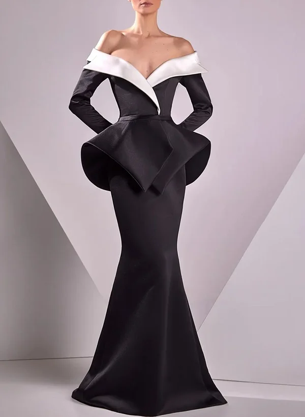 Missacc Trumpet/Mermaid Off-The-Shoulder Long Sleeves Satin Evening Dresses With Ruffle #SED11605