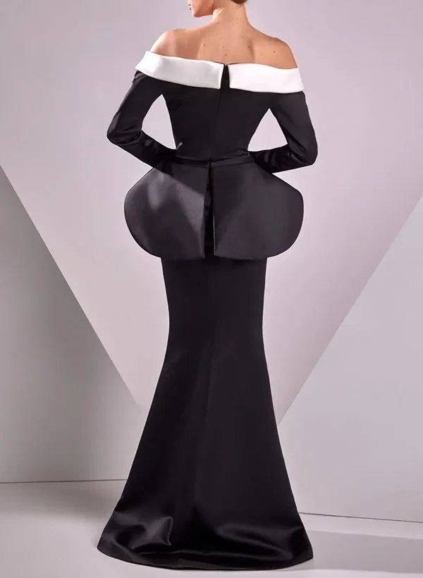 Missacc Black Evening Dresses Trumpet/Mermaid Off-The-Shoulder Long Sleeves Satin Evening Dresses With Ruffle