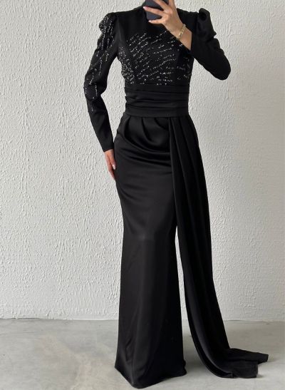 Sheath/Column High Neck Long Sleeves Silk Like Satin Evening Dresses With Sequins