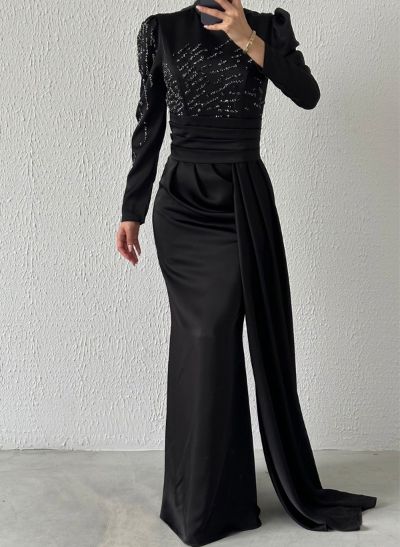 Sheath/Column High Neck Long Sleeves Silk Like Satin Evening Dresses With Sequins