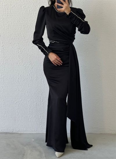 Sheath/Column Scoop Neck Long Sleeves Silk Like Satin Evening Dresses With Beading