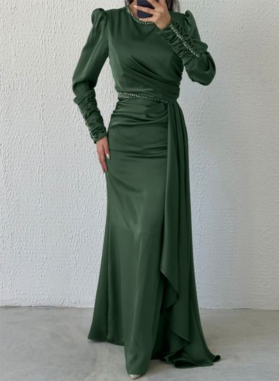 Sheath/Column Scoop Neck Long Sleeves Silk Like Satin Evening Dresses With Beading