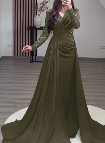 Sheath/Column V-Neck Acetate Satin Evening Dresses With Beading/Sweeping Side Drape