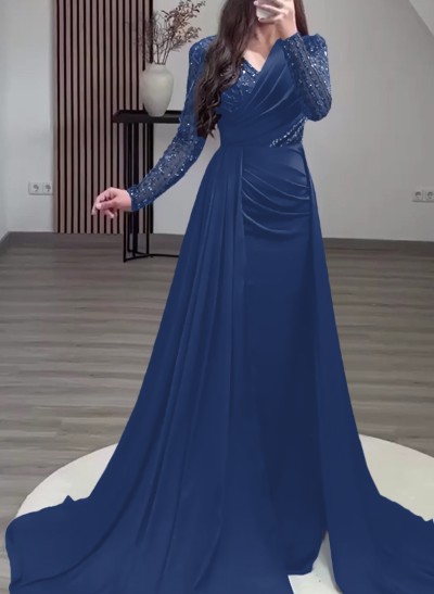 Sheath/Column V-Neck Acetate Satin Evening Dresses With Beading/Sweeping Side Drape