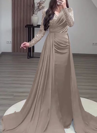 Sheath/Column V-Neck Acetate Satin Evening Dresses With Beading/Sweeping Side Drape