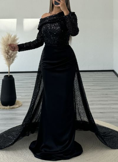 Sheath/Column Asymmetrical Long Sleeves Court Train Silk Like Satin/Sequined Evening Dresses