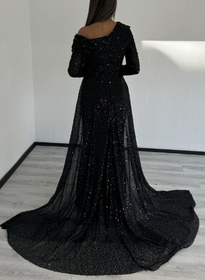 Sheath/Column Asymmetrical Long Sleeves Court Train Silk Like Satin/Sequined Evening Dresses