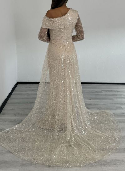 Sheath/Column Asymmetrical Long Sleeves Court Train Silk Like Satin/Sequined Evening Dresses