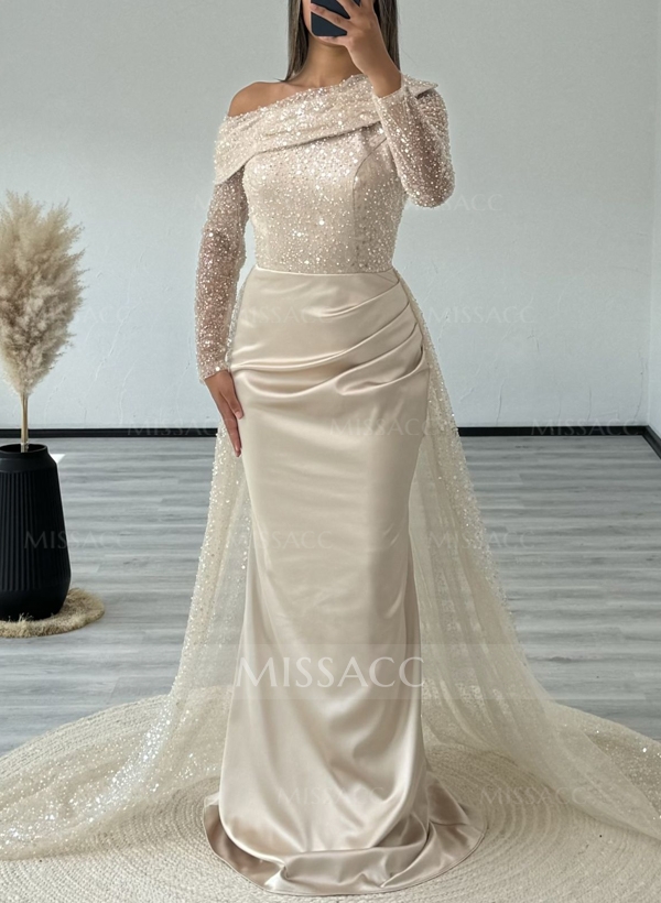 Sheath/Column Asymmetrical Long Sleeves Court Train Silk Like Satin/Sequined Evening Dresses