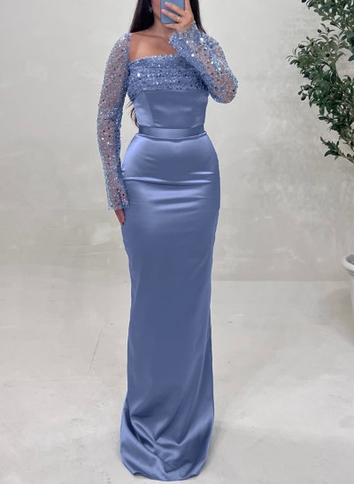 Sheath/Column Square Neckline Long Sleeves Detachable Satin Evening Dresses With Sequins