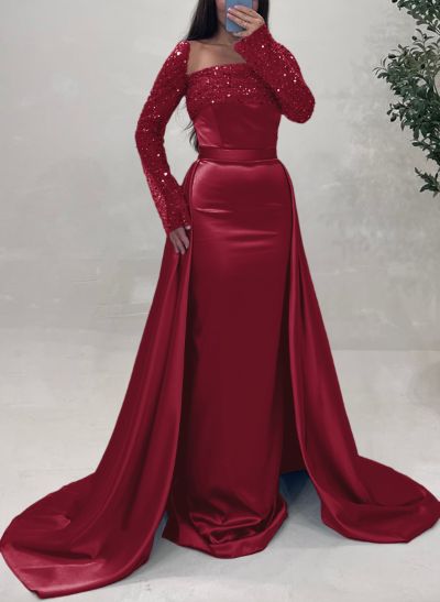 Sheath/Column Square Neckline Long Sleeves Detachable Satin Evening Dresses With Sequins