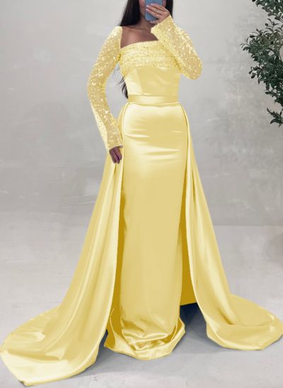 Sheath/Column Square Neckline Long Sleeves Detachable Satin Evening Dresses With Sequins