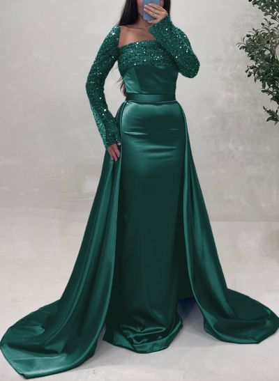 Sheath/Column Square Neckline Long Sleeves Detachable Satin Evening Dresses With Sequins