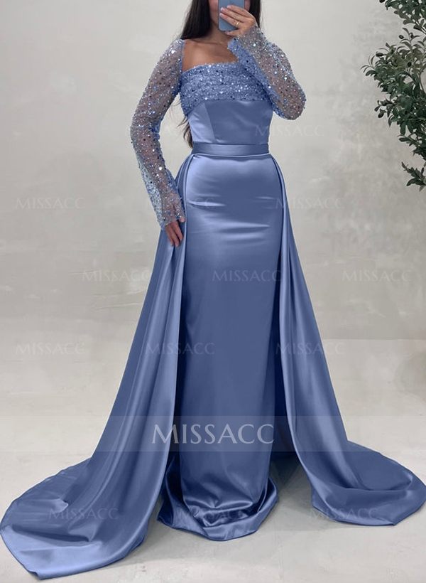 Sheath/Column Square Neckline Long Sleeves Detachable Satin Evening Dresses With Sequins