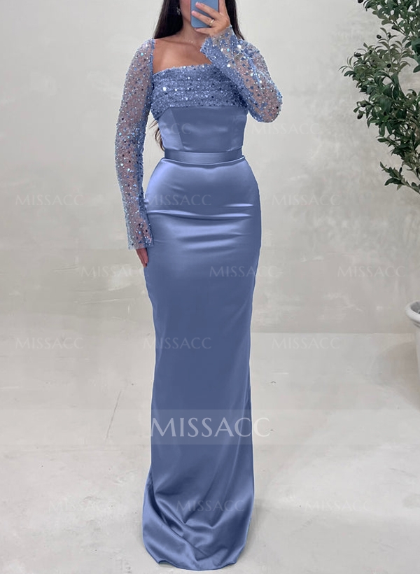 Sheath/Column Square Neckline Long Sleeves Detachable Satin Evening Dresses With Sequins