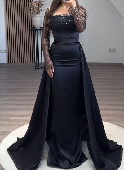 Sheath/Column Square Neckline Long Sleeves Detachable Satin Evening Dresses With Sequins