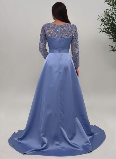 Sheath/Column Square Neckline Long Sleeves Detachable Satin Evening Dresses With Sequins