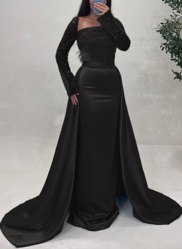 Sheath/Column Square Neckline Long Sleeves Detachable Crepe Satin Evening Dresses With Sequins