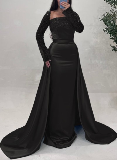Sheath/Column Square Neckline Long Sleeves Detachable Crepe Satin Evening Dresses With Sequins