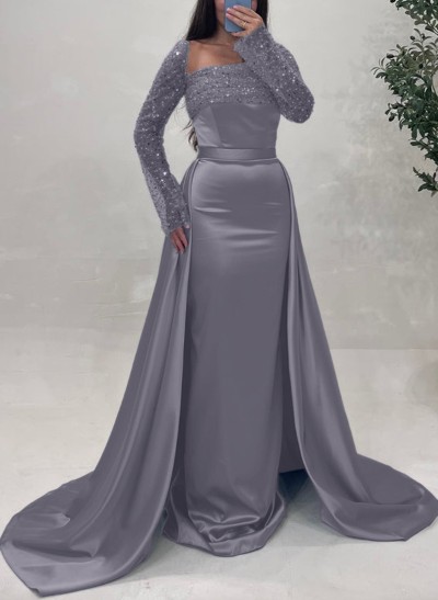 Sheath/Column Square Neckline Long Sleeves Detachable Crepe Satin Evening Dresses With Sequins