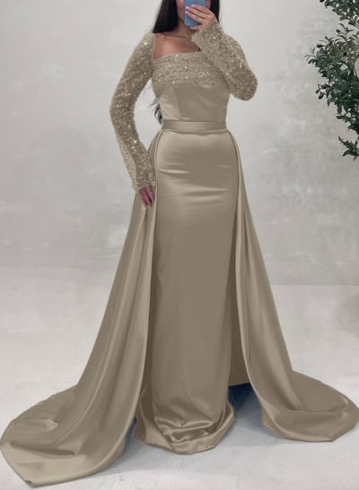 Sheath/Column Square Neckline Long Sleeves Detachable Crepe Satin Evening Dresses With Sequins