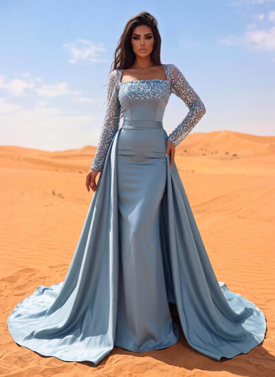 Sheath/Column Square Neckline Long Sleeves Detachable Crepe Satin Evening Dresses With Sequins