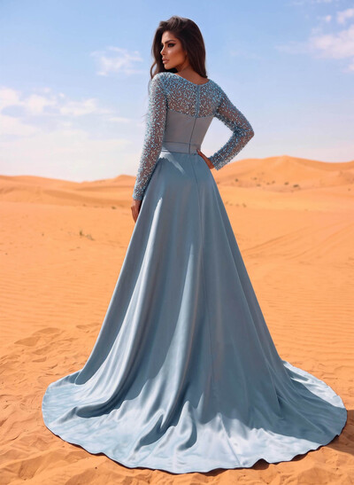Sheath/Column Square Neckline Long Sleeves Detachable Crepe Satin Evening Dresses With Sequins