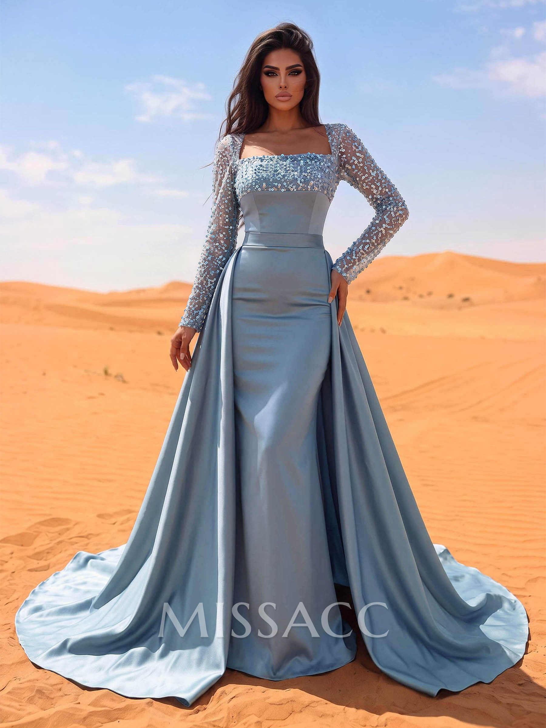 Sheath/Column Square Neckline Long Sleeves Detachable Crepe Satin Evening Dresses With Sequins Sheath/Column Square Neckline Long Sleeves Detachable Crepe Satin Evening Dresses With Sequins