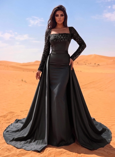 Sheath/Column Square Neckline Long Sleeves Detachable Crepe Satin Evening Dresses With Sequins