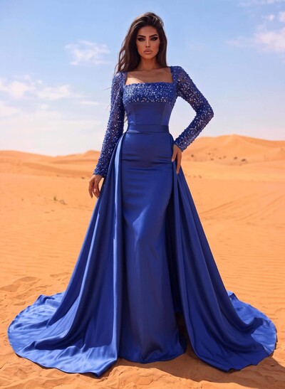 Sheath/Column Square Neckline Long Sleeves Detachable Crepe Satin Evening Dresses With Sequins